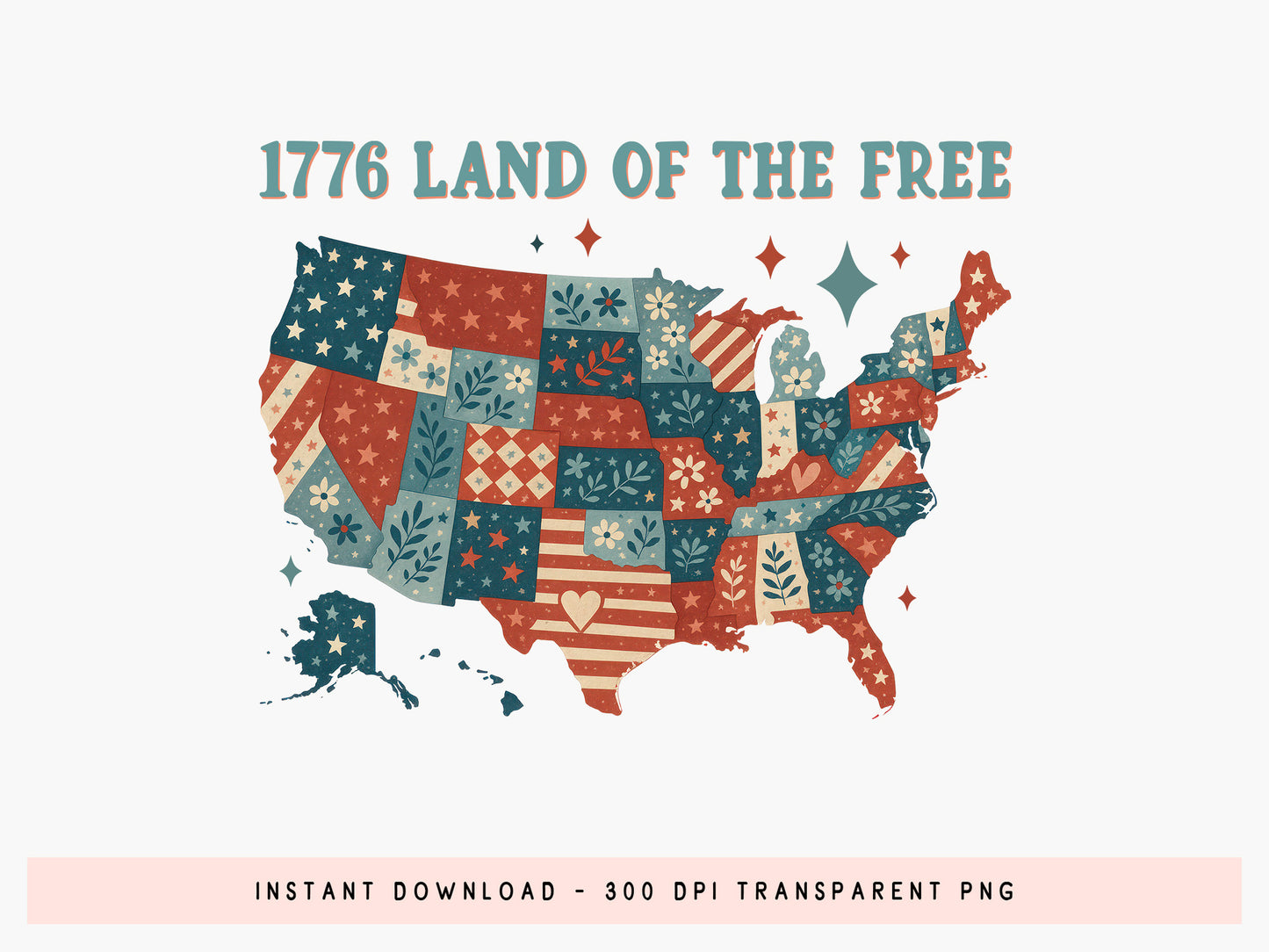 1776 Land of the Free, 4th of July Map Sublimation