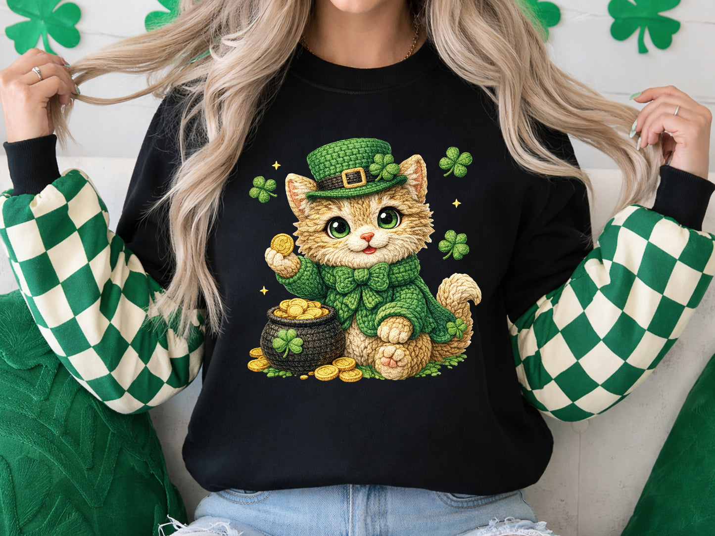 Faux Yarn Cat St Patrick's Day Clipart Sublimation