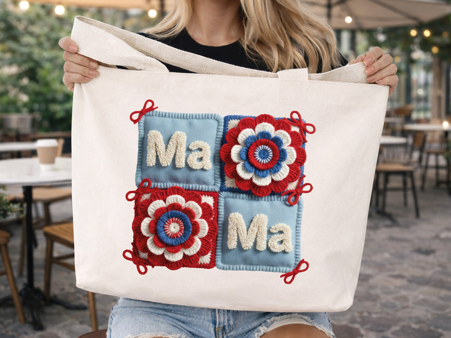 Faux Yarn Floral Mama 4th of July PNG