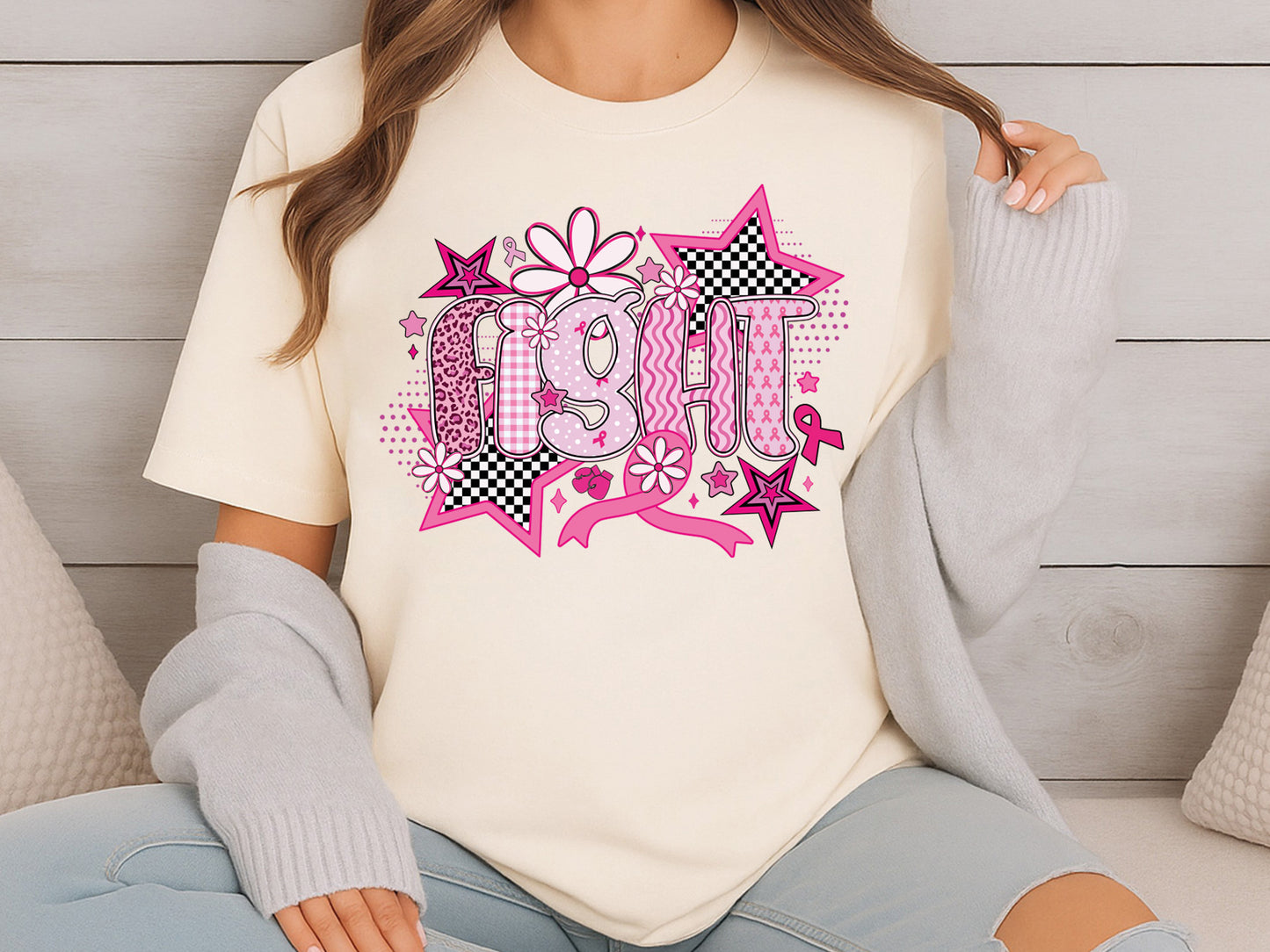 Fight, Preppy Breast Cancer Sublimation Design