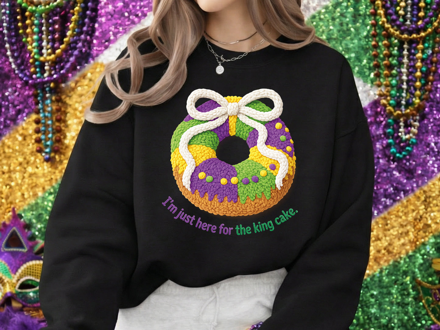 I'm Just Here for the King Cake - Faux Yarn Mardi Gras PNG