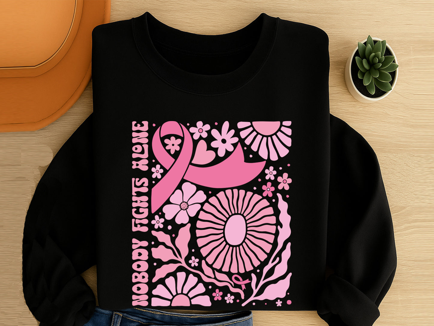 Nobody Fights Alone, Floral Breast Cancer Ribbon SVG