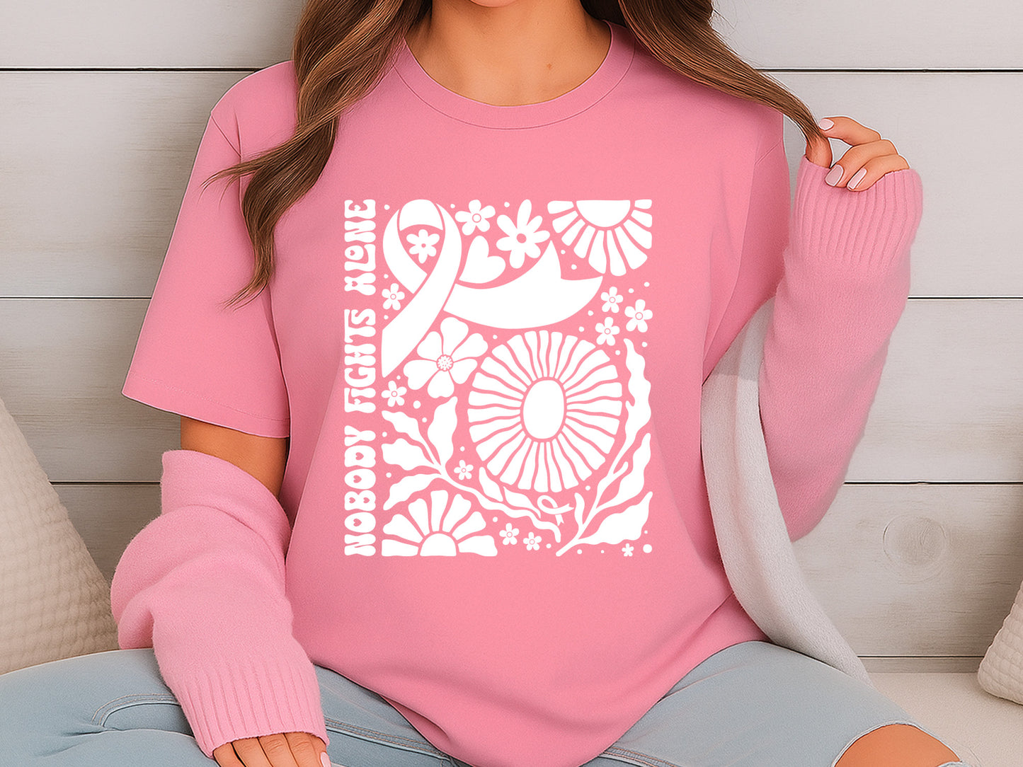 Nobody Fights Alone, Floral Breast Cancer Ribbon SVG