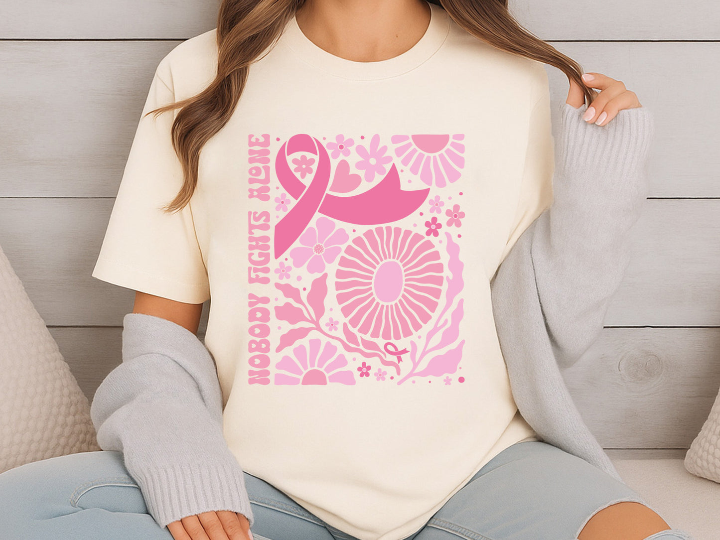 Nobody Fights Alone, Floral Breast Cancer Ribbon SVG
