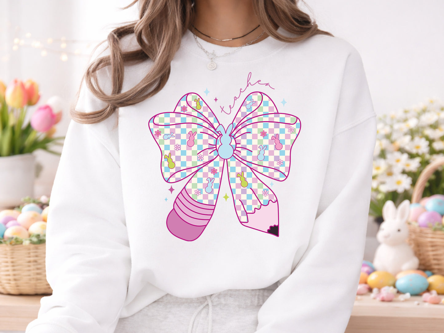 Preppy Coquette Easter Teacher PNG Sublimation