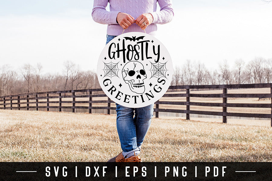 Ghostly Greetings SVG - Halloween Round Sign SVG