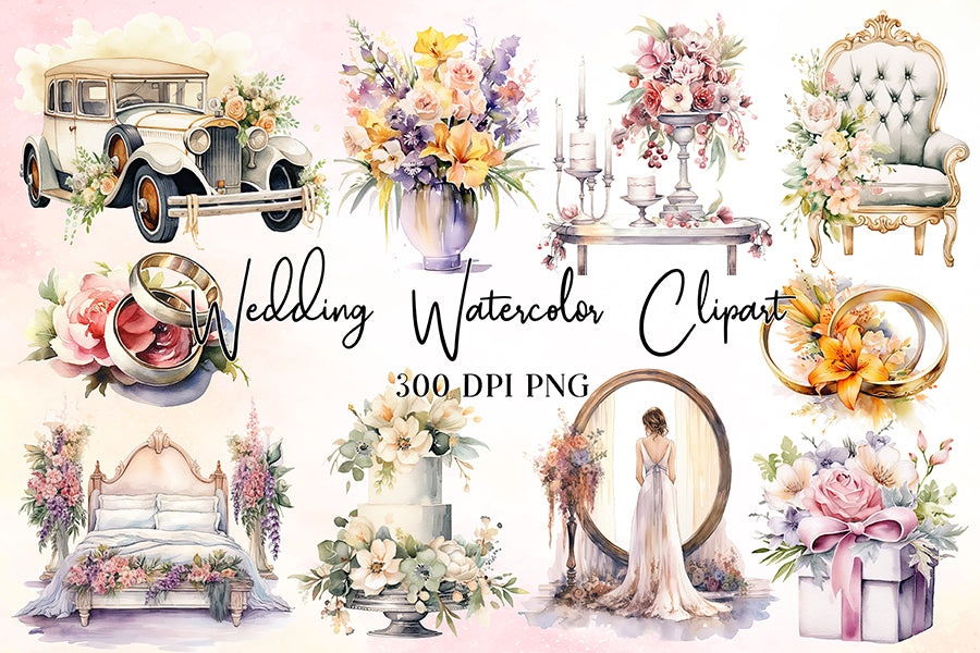 Wedding Watercolor Sublimation Clipart Bundle