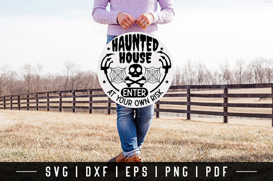 Halloween Round Sign SVG, Haunted House SVG