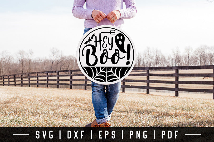 Hey Boo Cut File, Halloween Round Sign SVG