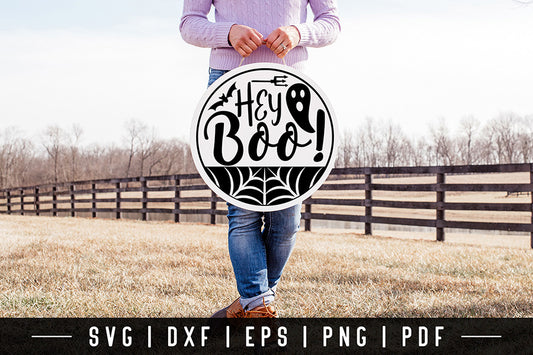 Hey Boo Cut File, Halloween Round Sign SVG