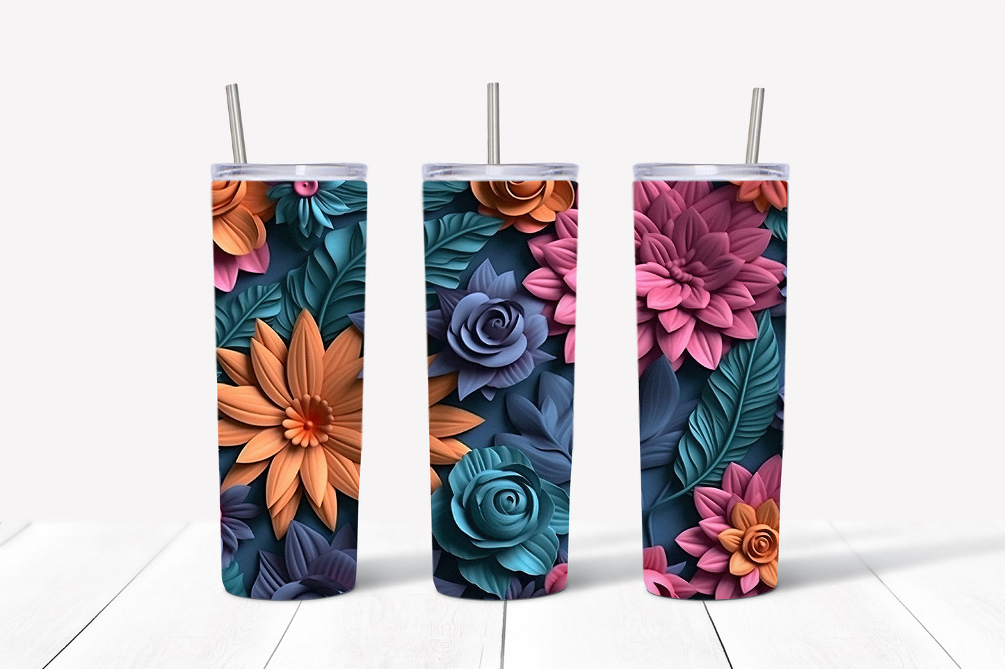 3D Flowers Tumbler Wrap PNG Bundle