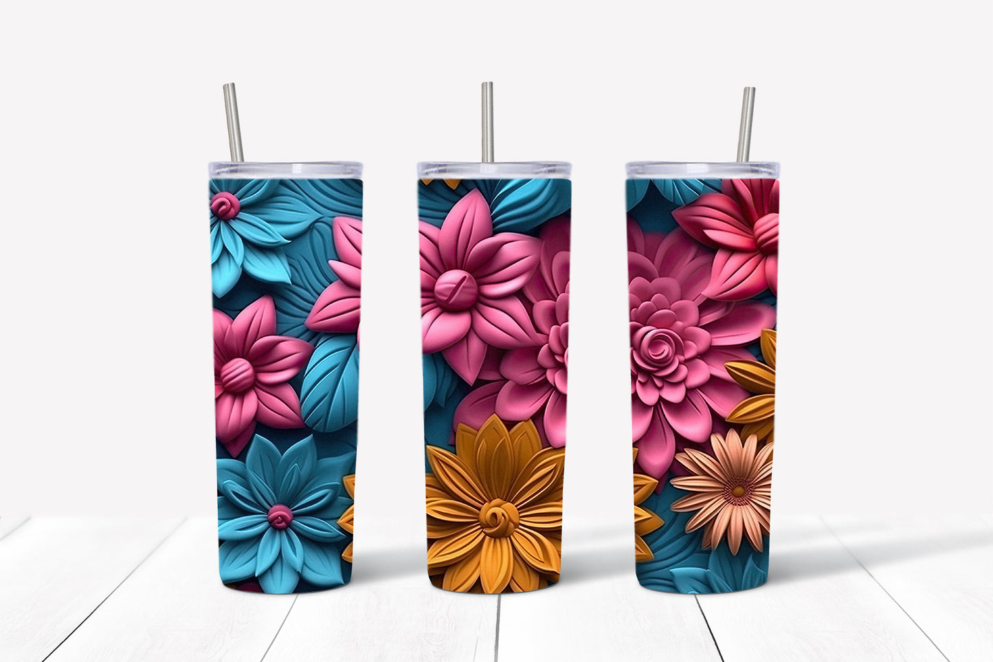 3D Flowers Tumbler Wrap PNG Bundle