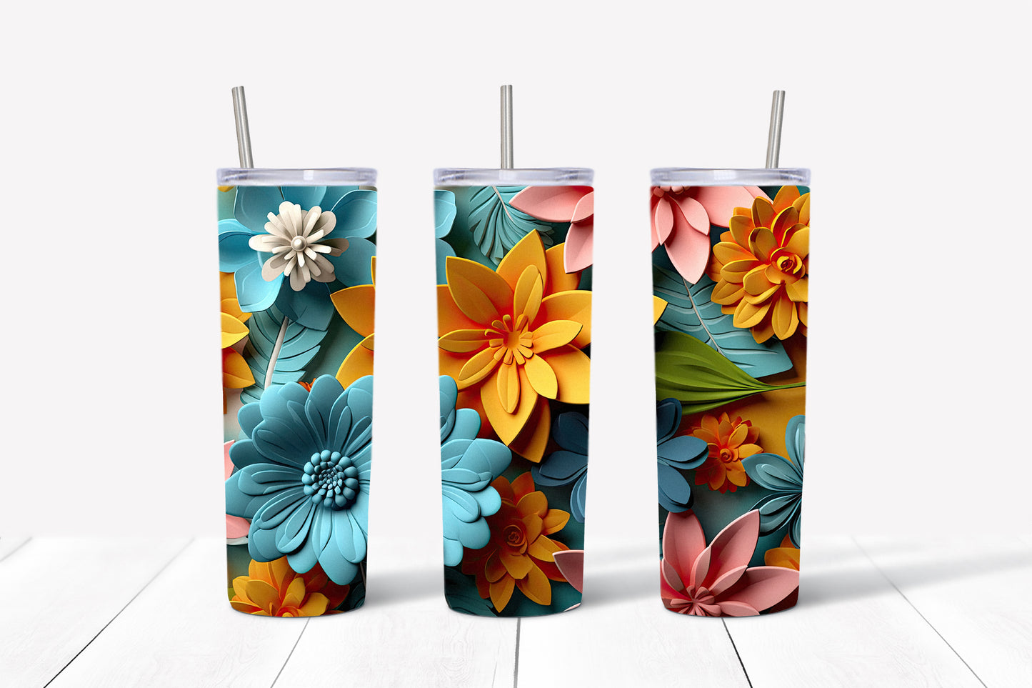 3D Flowers Tumbler Wrap PNG Bundle