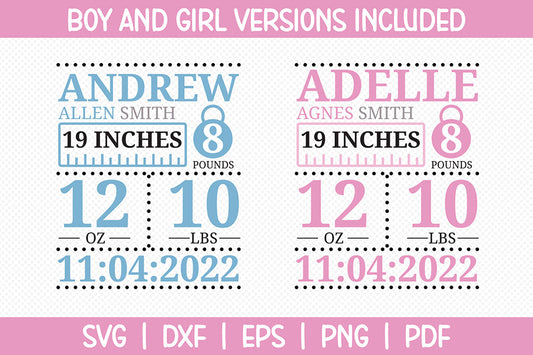 Elephant Boy and Girl Birth Stats Announcement SVG