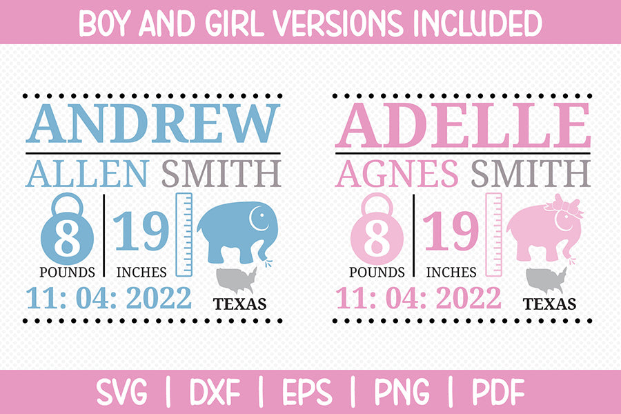 Elephant Baby Birth Announcement SVG
