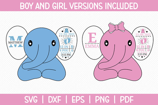 Elephant Boy and Girl Birth Stats Announcement SVG