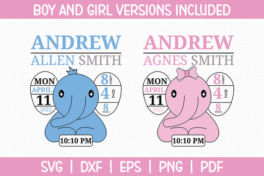 Baby Elephant Birth Announcement SVG