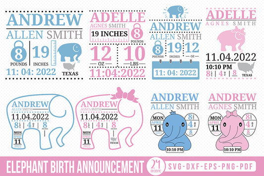 Elephant Birth Announcement SVG Bundle