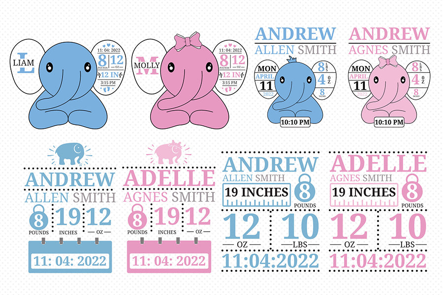 Elephant Birth Announcement SVG Bundle