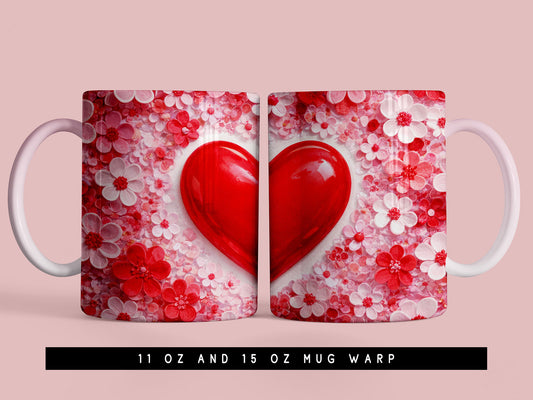 3D Heart Valentine Floral Mug Wrap PNG