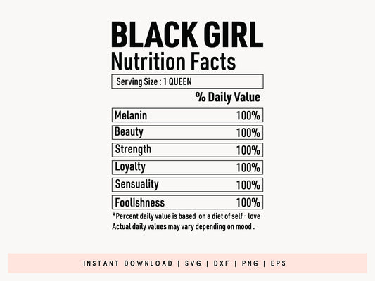 Afro Black Girl Nutrition Facts SVG Cut File