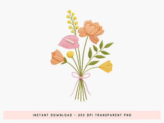 Colorful Embroidery Wildflower Bouquet PNG