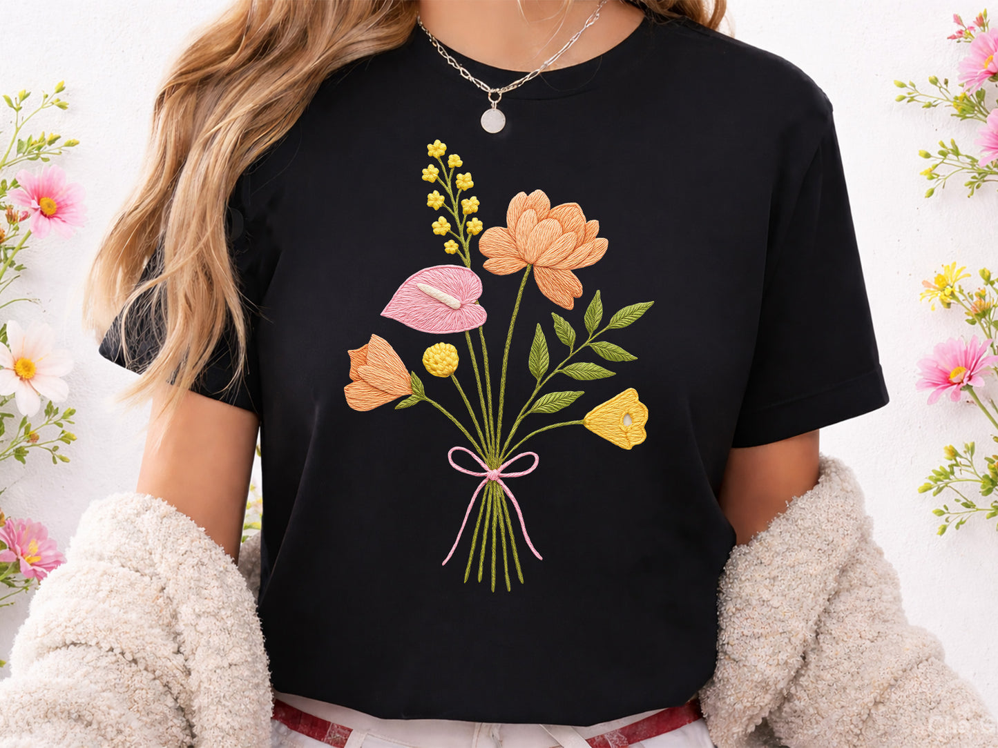Colorful Embroidery Wildflower Bouquet PNG