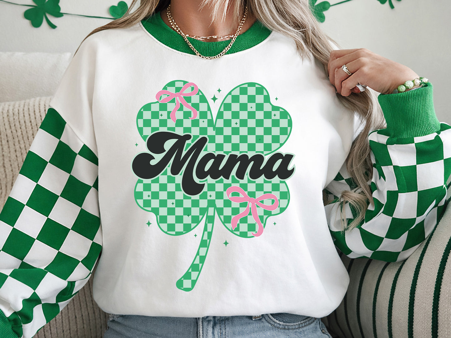 Checkered Clover Coquette Mama St Patrick's Day PNG