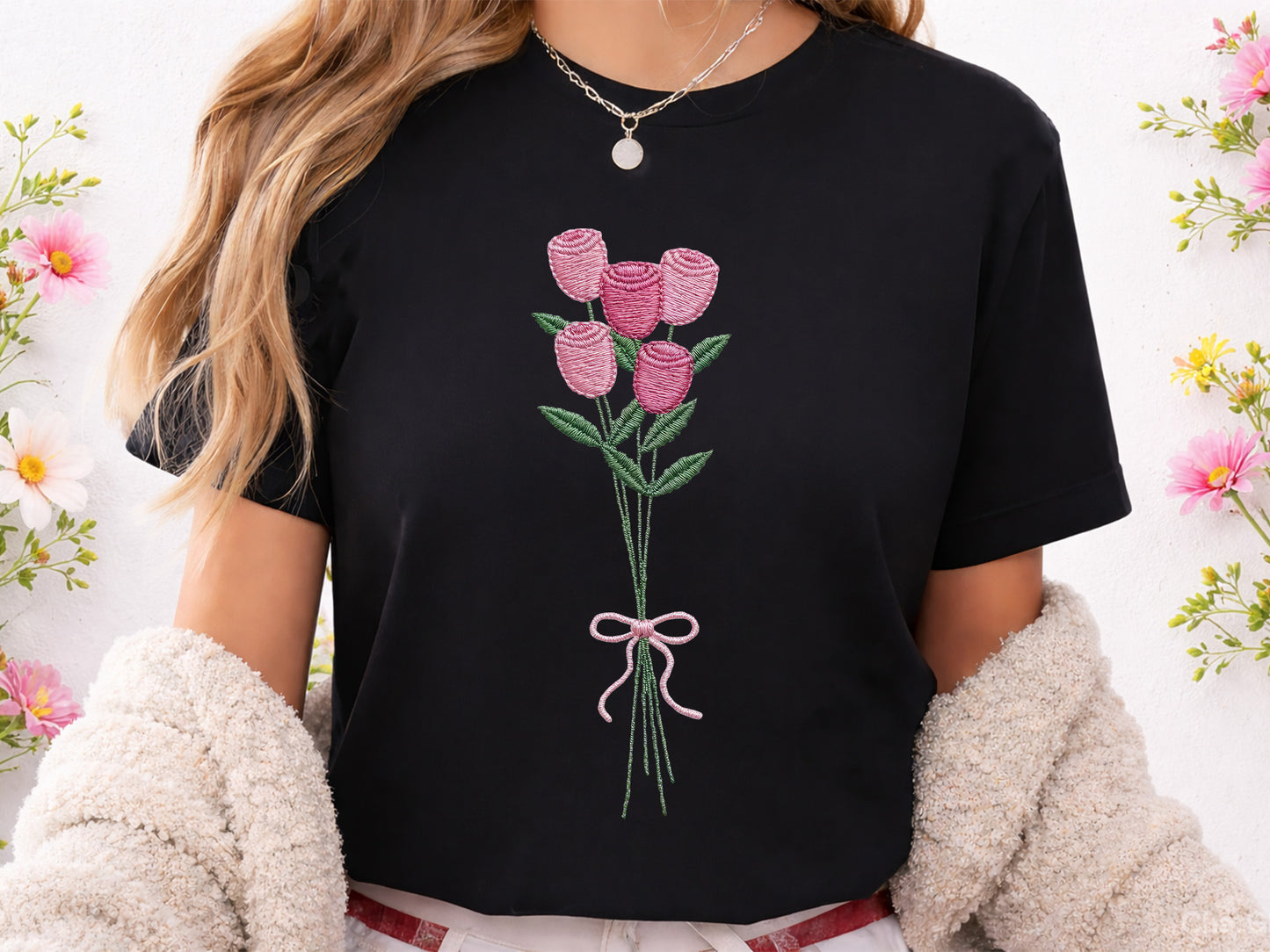 Crochet Pink Rose Bouquet Sublimation PNG