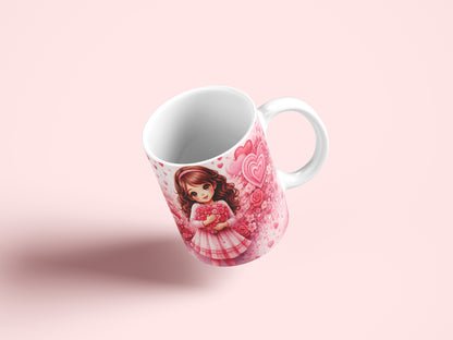 Cute Cartoon Girl Doll Valentine Mug Wrap PNG