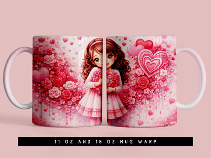 Cute Cartoon Girl Doll Valentine Mug Wrap PNG