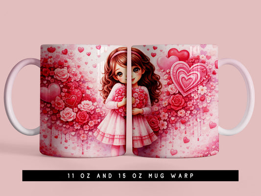 Cute Cartoon Girl Doll Valentine Mug Wrap PNG