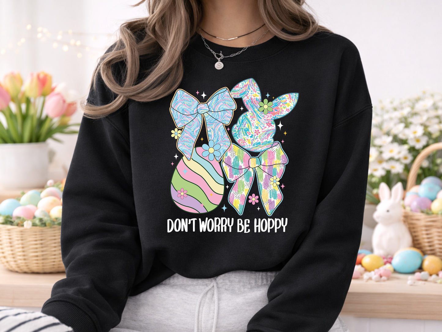 Don't Worry Be Hoppy, Preppy Coquette Easter PNG