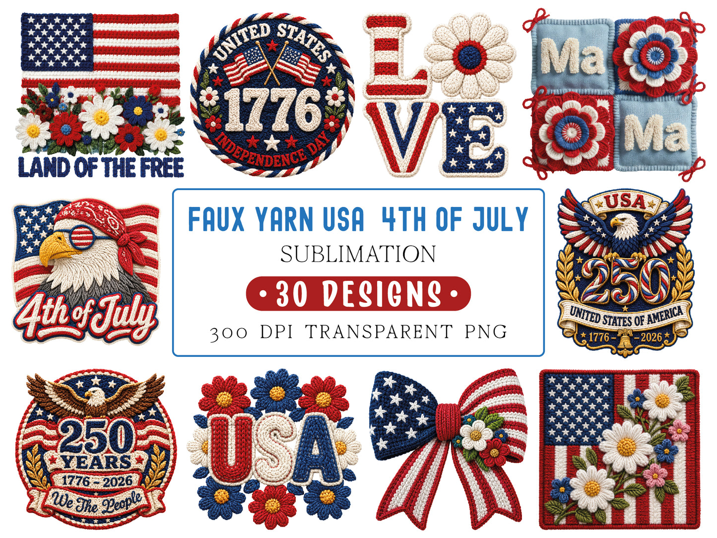 Faux Yarn 4th of July PNG Designs Bundle