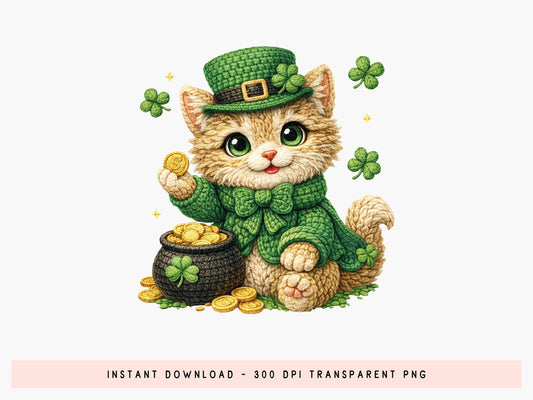 Faux Yarn Cat St Patrick's Day Clipart Sublimation
