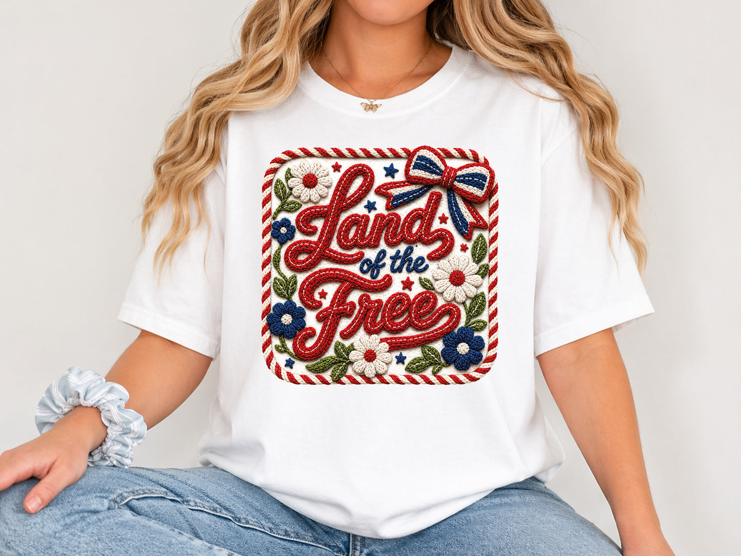 Faux Yarn Floral Coquette 4th of July PNG