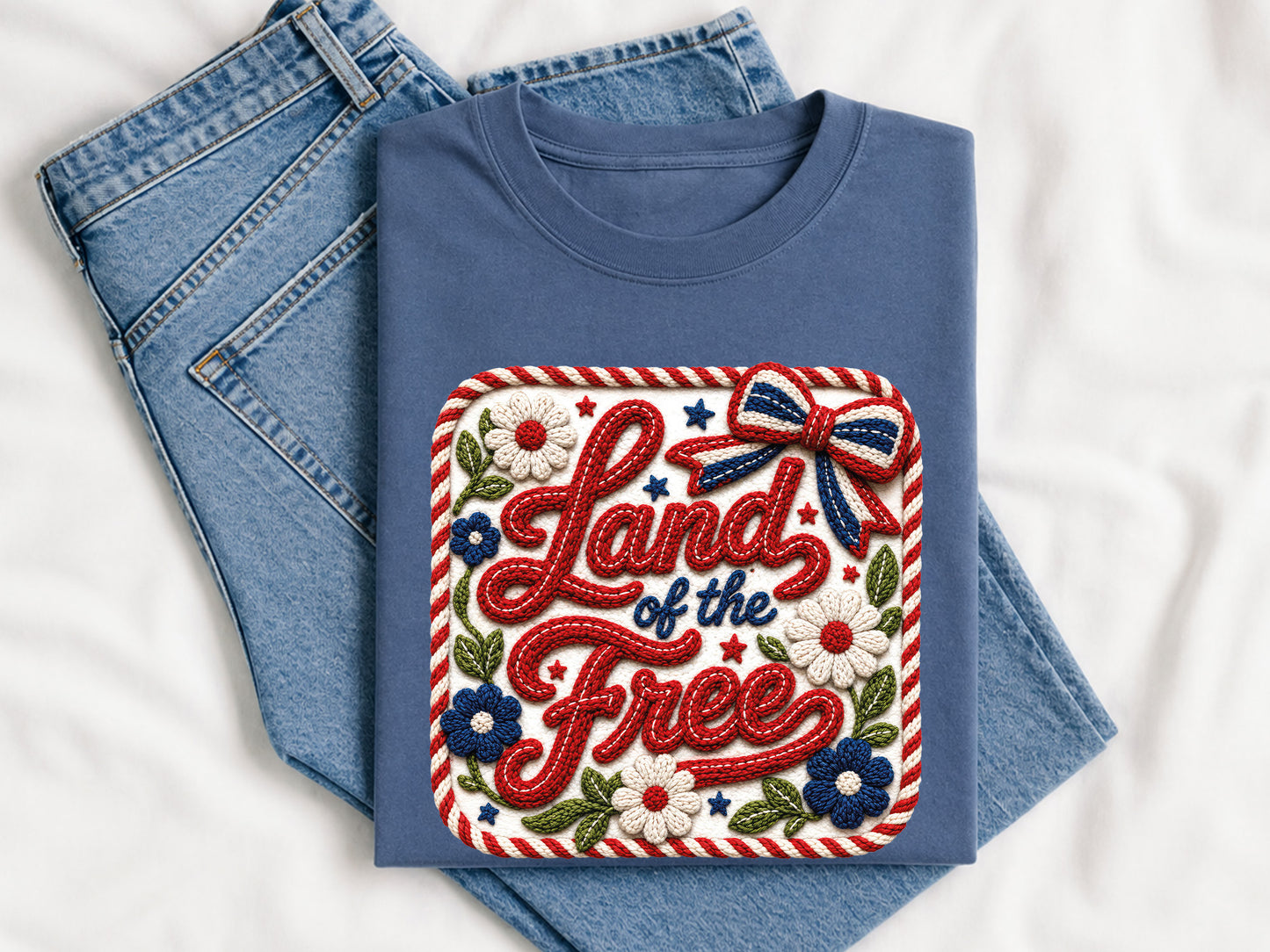 Faux Yarn Floral Coquette 4th of July PNG