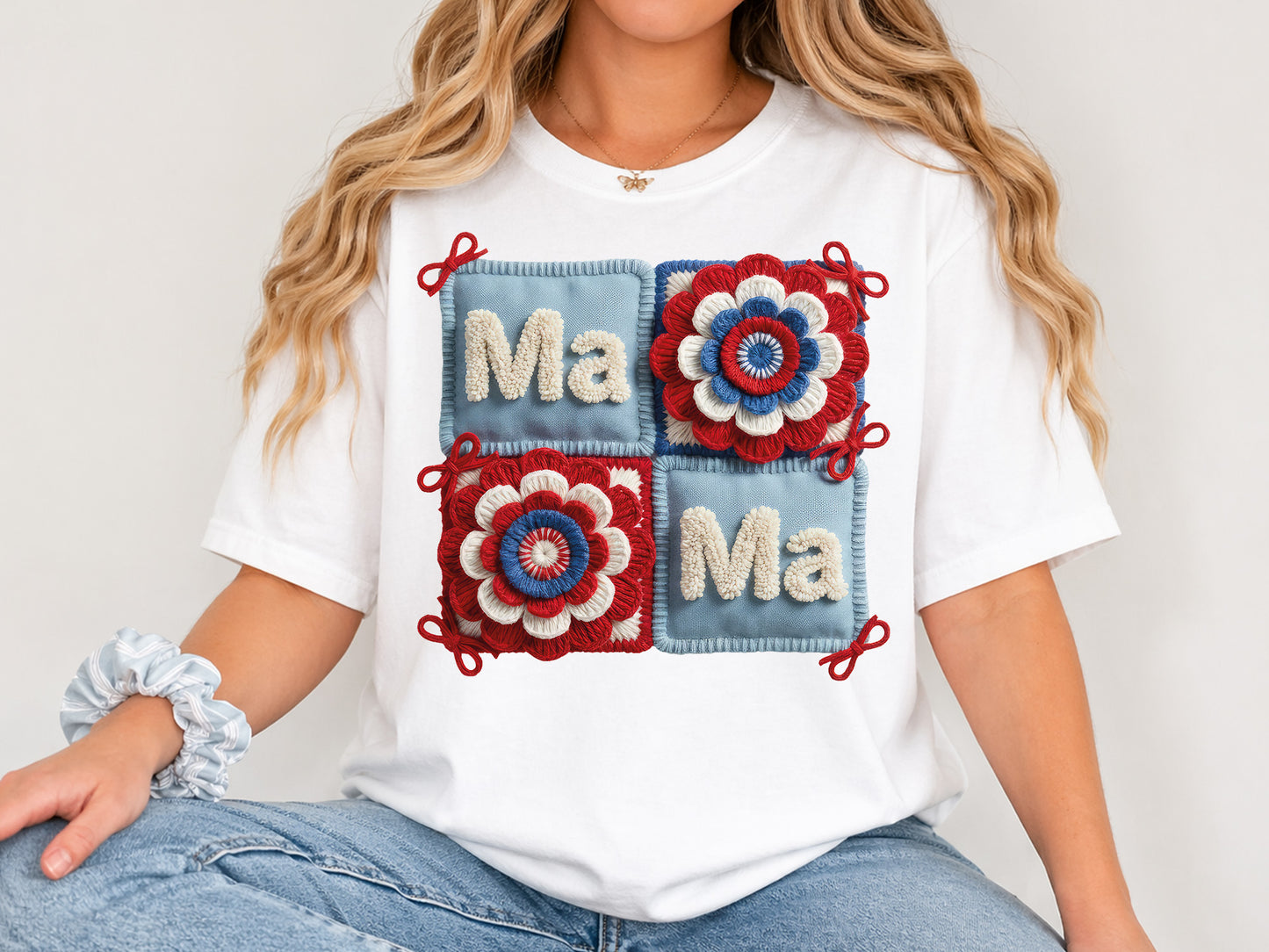 Faux Yarn Floral Mama 4th of July PNG