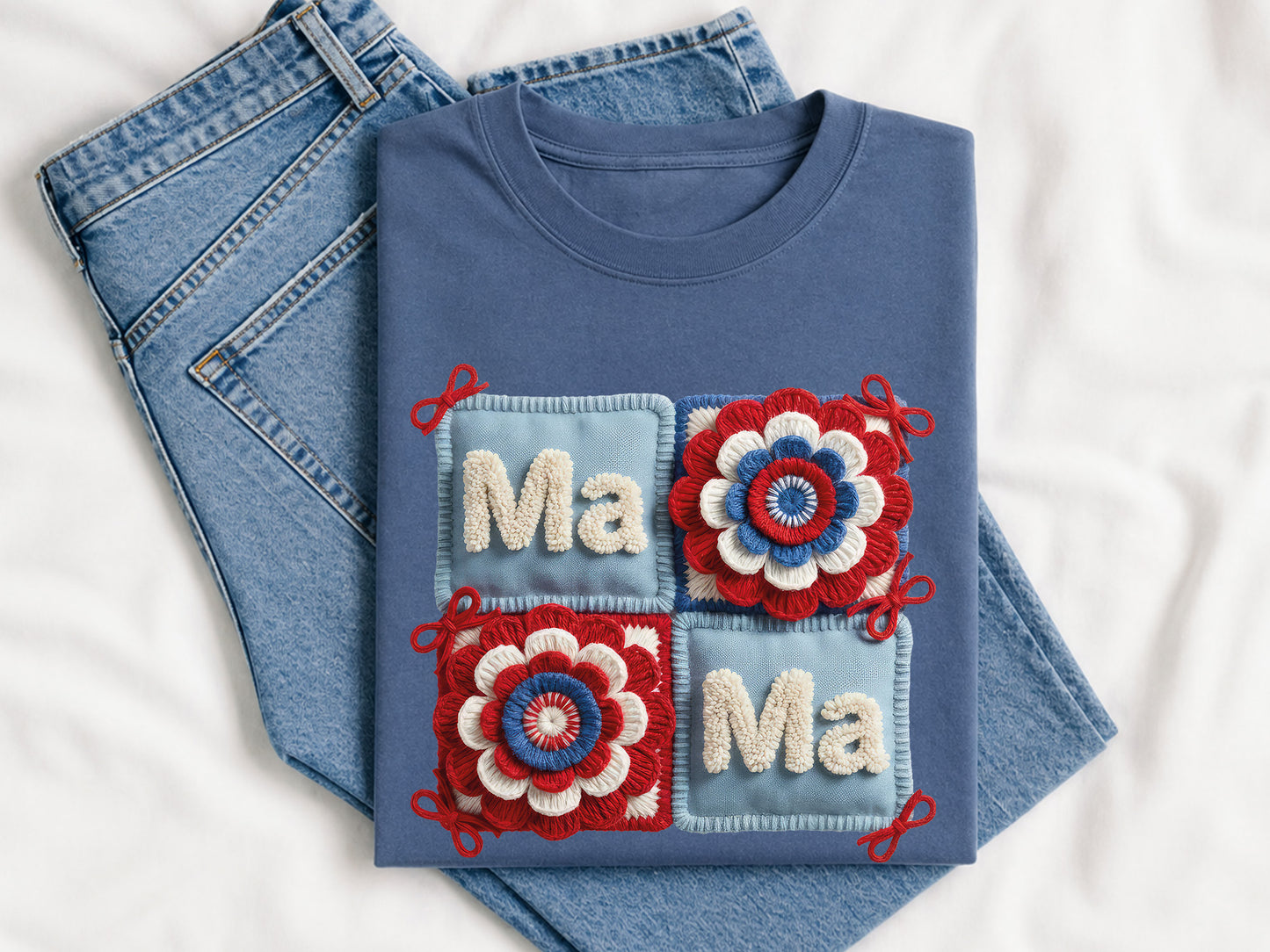 Faux Yarn Floral Mama 4th of July PNG