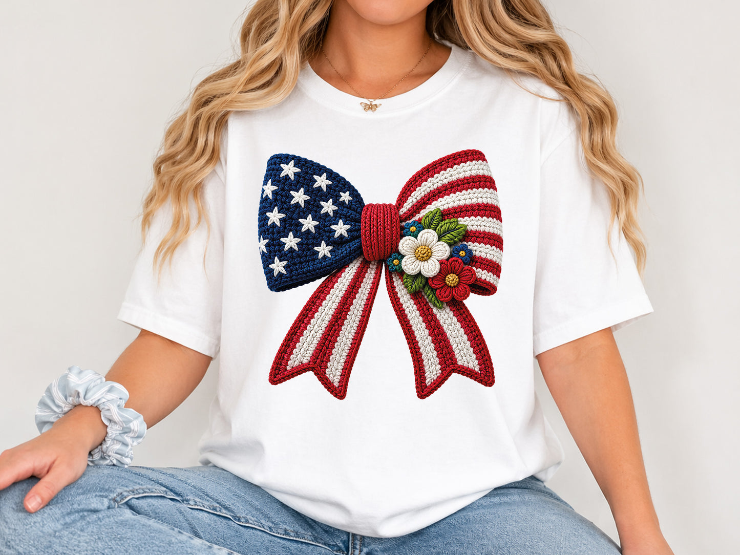 Faux Yarn Floral USA Flag Coquette Bow PNG