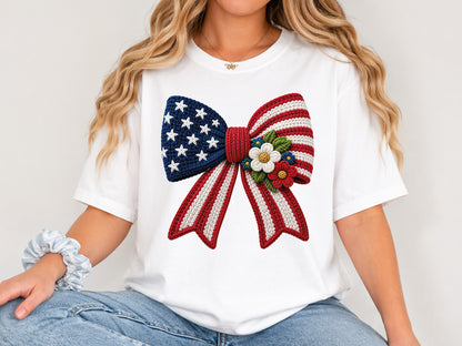 Faux Yarn Floral USA Flag Coquette Bow PNG