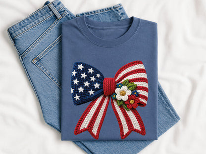 Faux Yarn Floral USA Flag Coquette Bow PNG