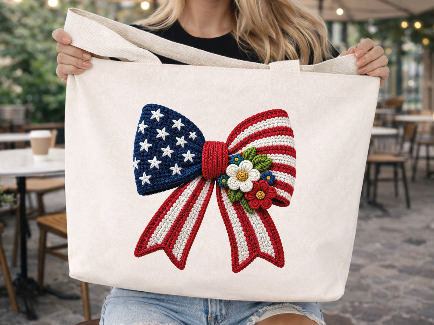 Faux Yarn Floral USA Flag Coquette Bow PNG