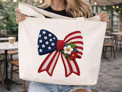 Faux Yarn Floral USA Flag Coquette Bow PNG