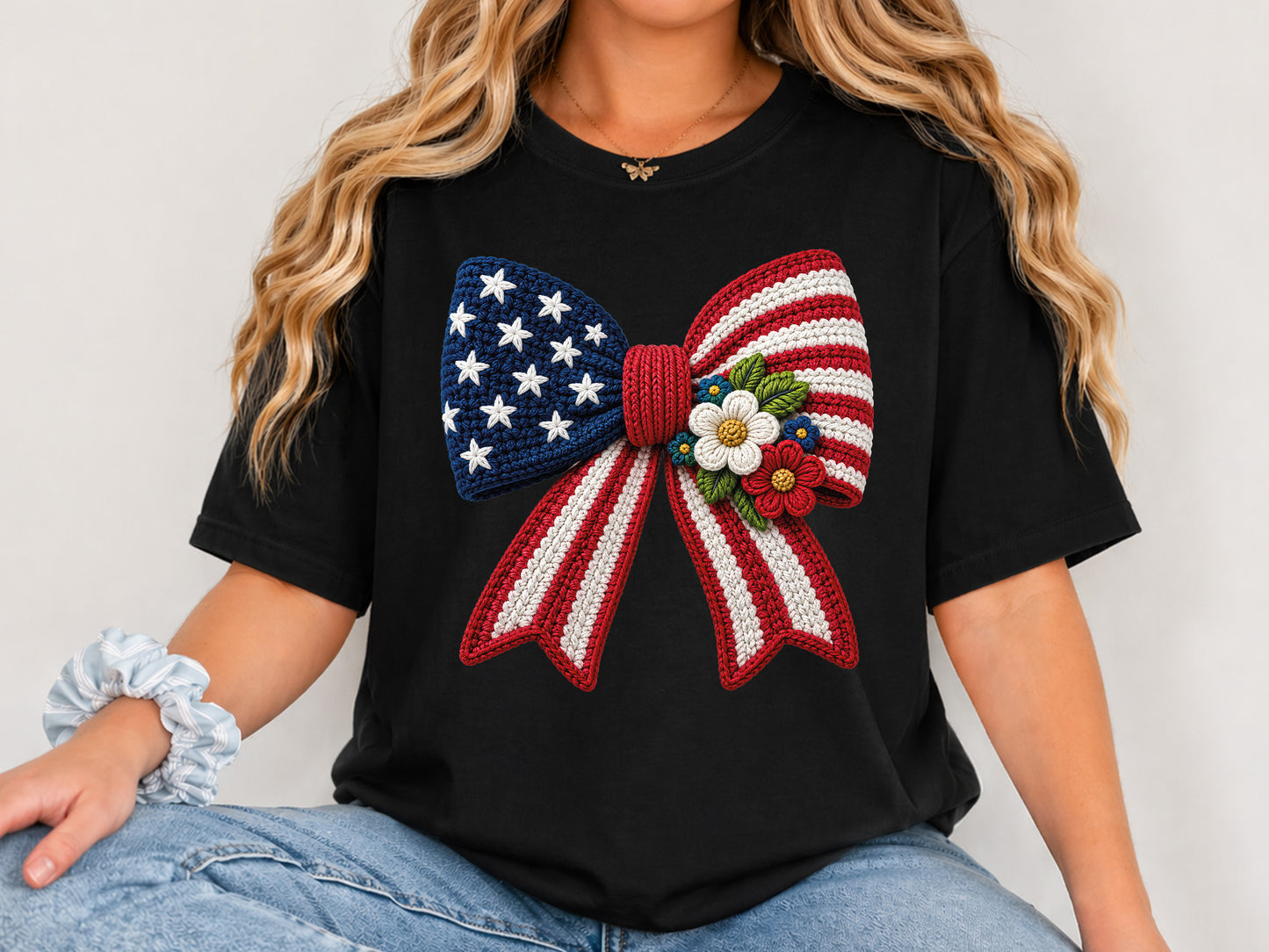 Faux Yarn Floral USA Flag Coquette Bow PNG