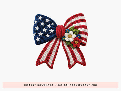 Faux Yarn Floral USA Flag Coquette Bow PNG