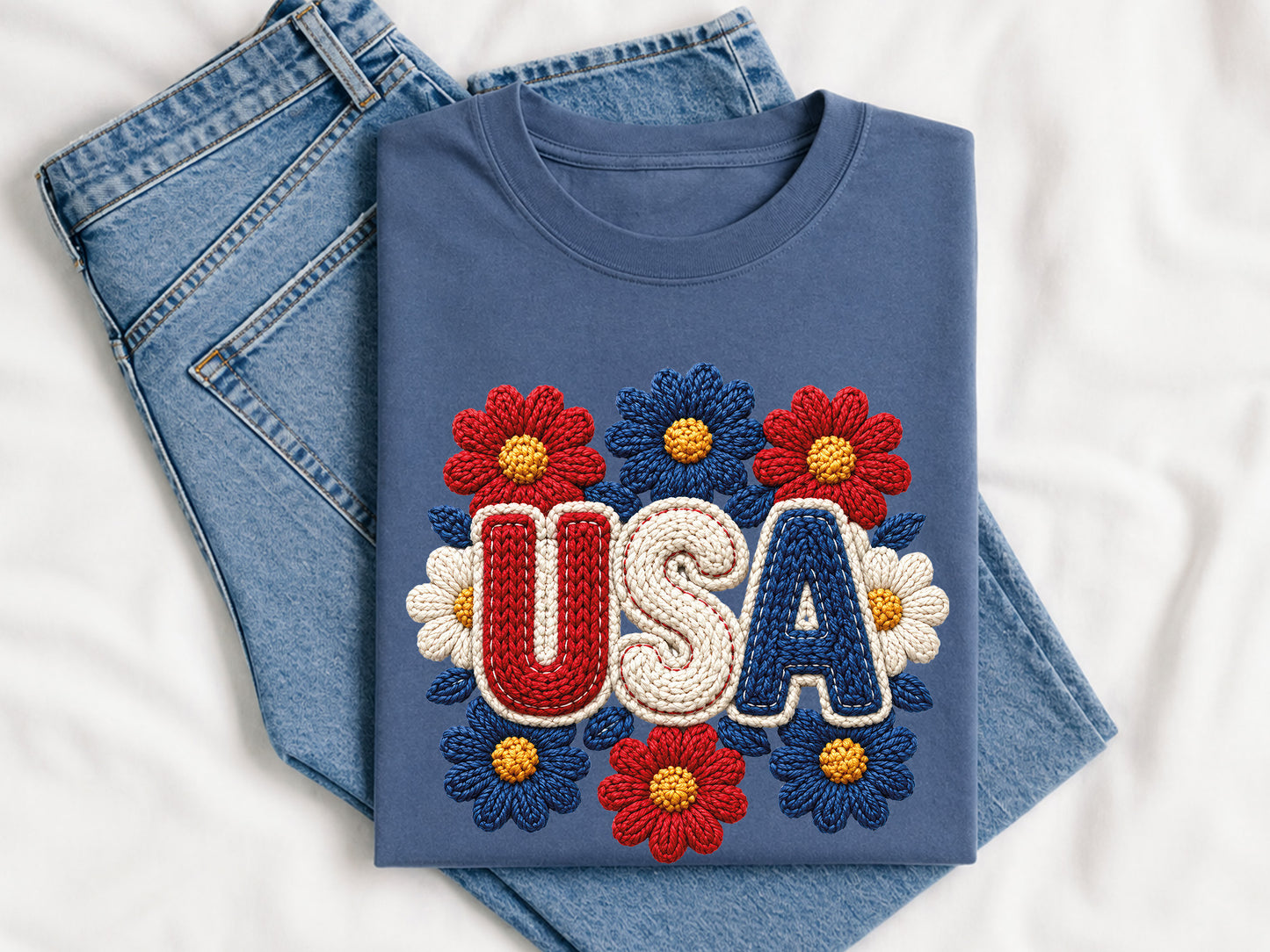Faux Yarn Floral USA PNG Sublimation Design