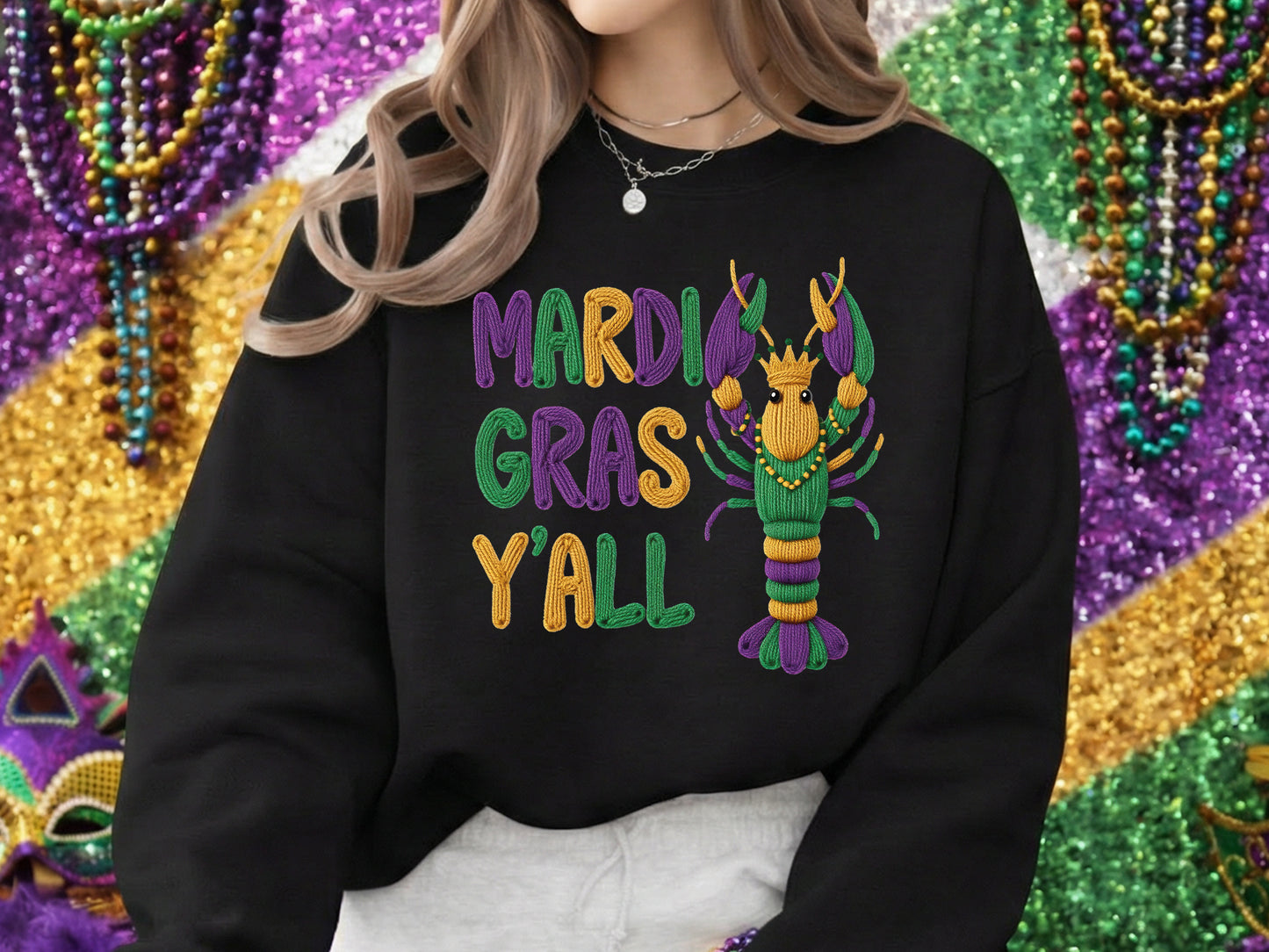 Faux Yarn Mardi Gras Y'all Crawfish Sublimation