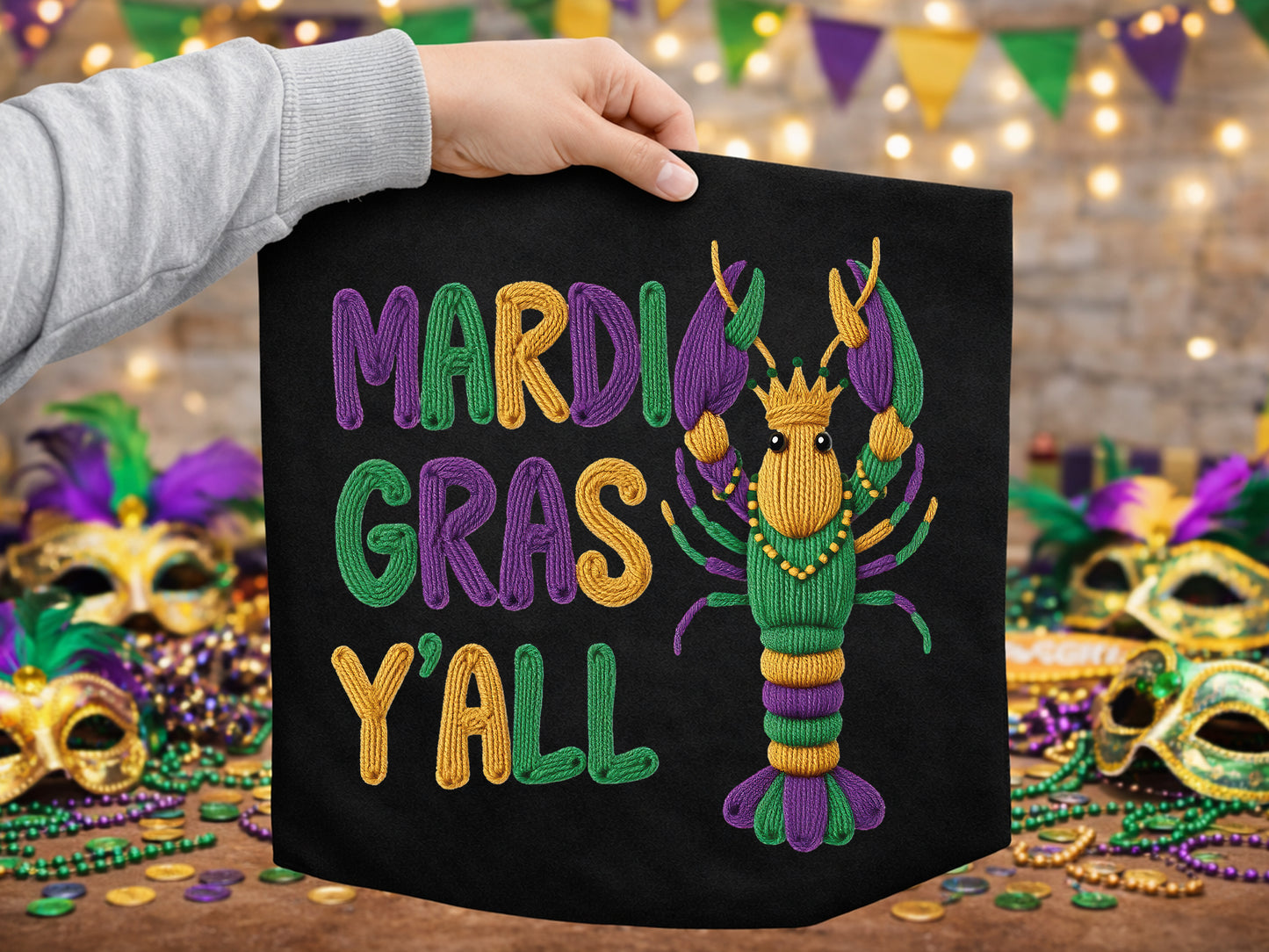 Faux Yarn Mardi Gras Y'all Crawfish Sublimation