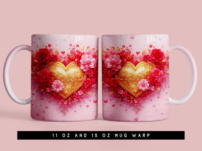 Floral Heart Valentines Mug Wrap PNG Sublimation